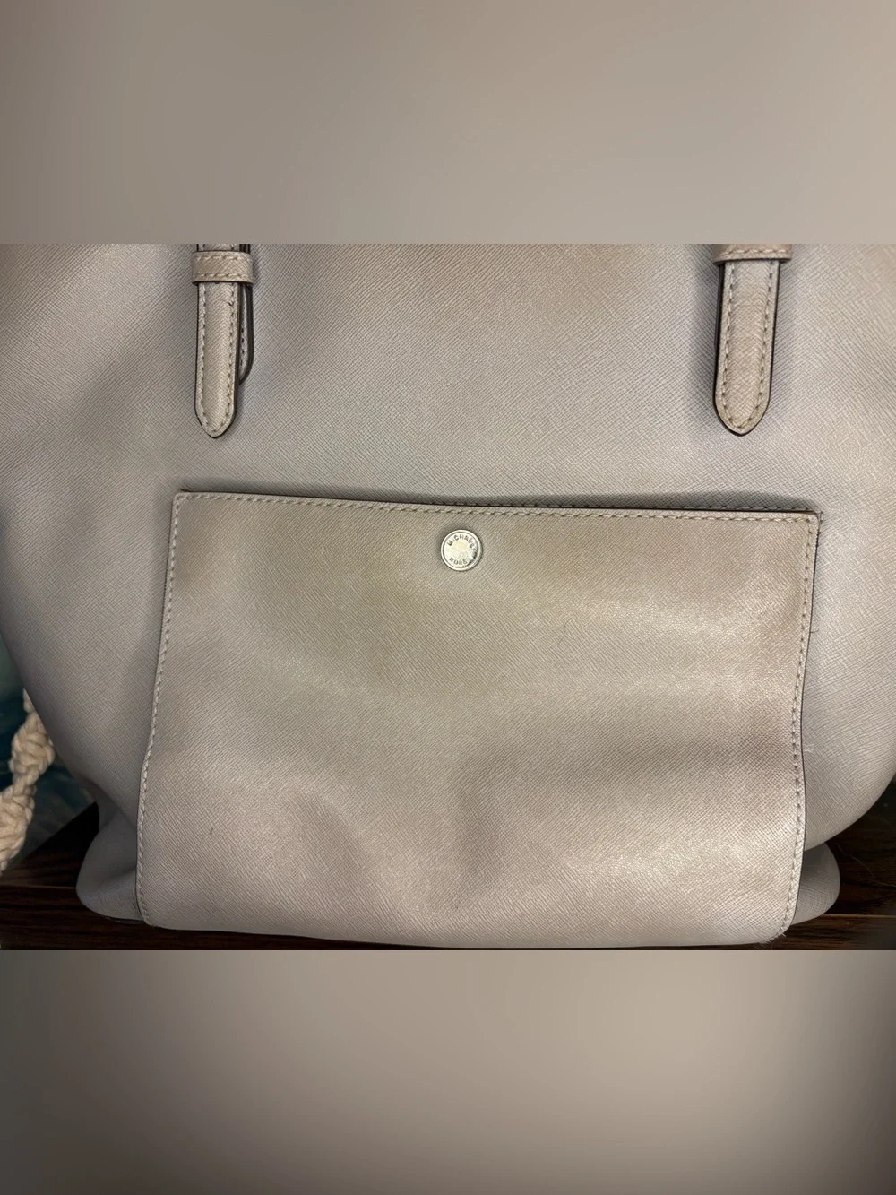 Michael Kors Leather Snap Pocket Tote Bag in Taupe Gray